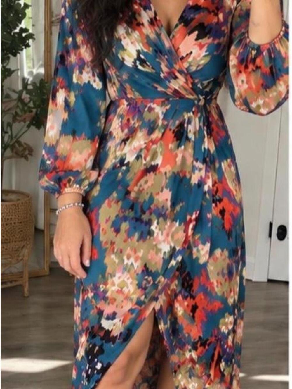 NWT JJ’s House Floral Wrap Maxi Dress Teal Long Sleeve Wedding Guest Boho